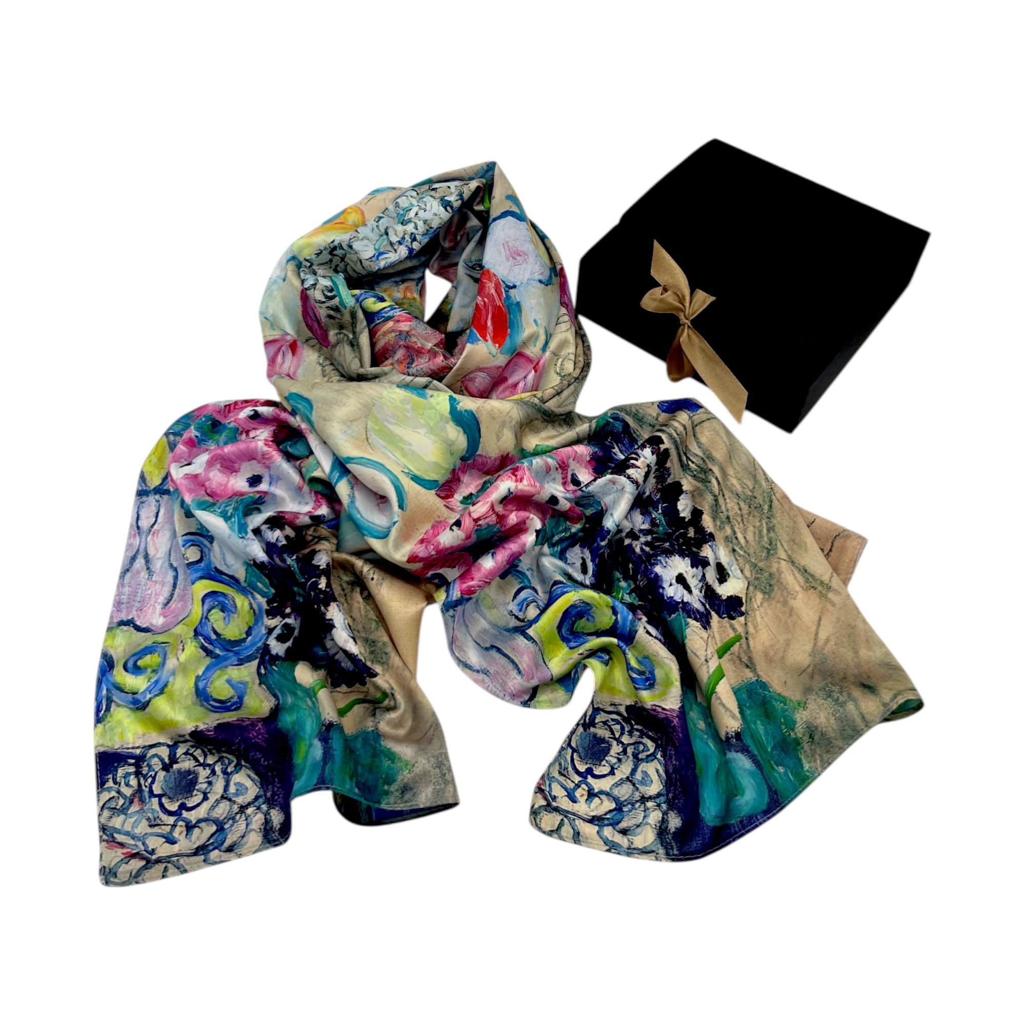 Eșarfă din Mătase 100% Chromatic Stories –Klimt Bloom EMS20-1 – Reversibilă (2 Fețe), Design Artistic Floral, 180×70 cm, Cutie Cadou Premium