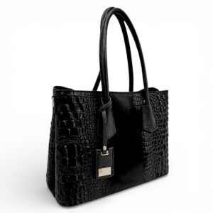 Geantă damă neagră din piele naturală cu textură croco, elegantă și rafinată.