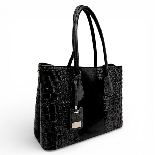 Geantă damă neagră din piele naturală cu textură croco, elegantă și rafinată.