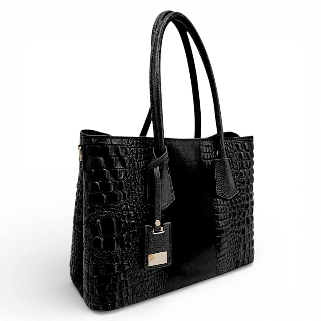 Geantă damă neagră din piele naturală cu textură croco, elegantă și rafinată.