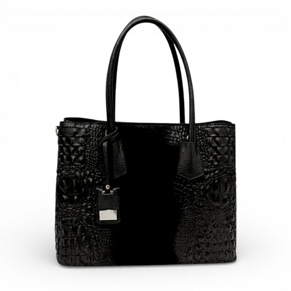 Geantă damă din piele naturală cu textură croco, negru elegant, Made in Italy.