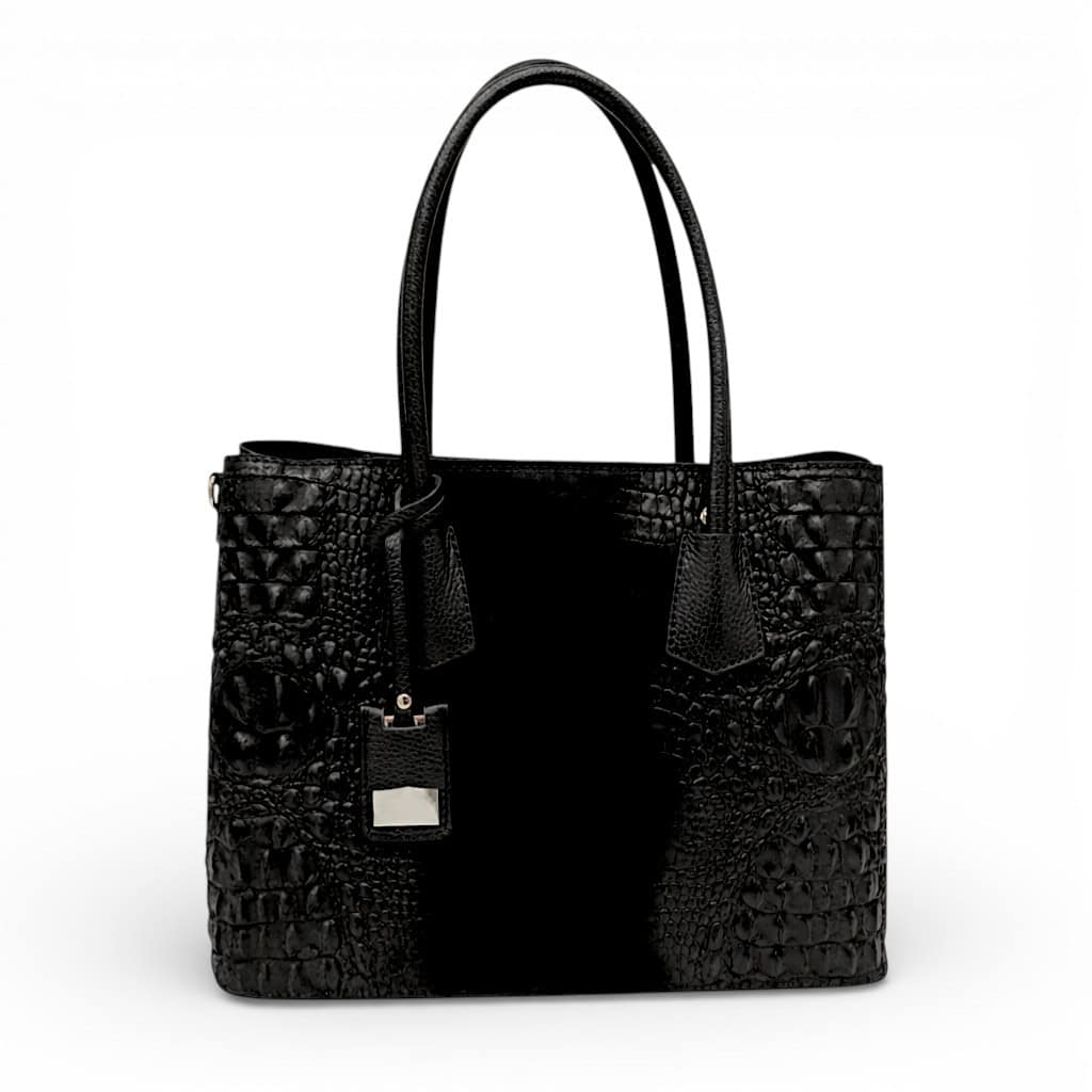 Geantă damă din piele naturală cu textură croco, negru elegant, Made in Italy.