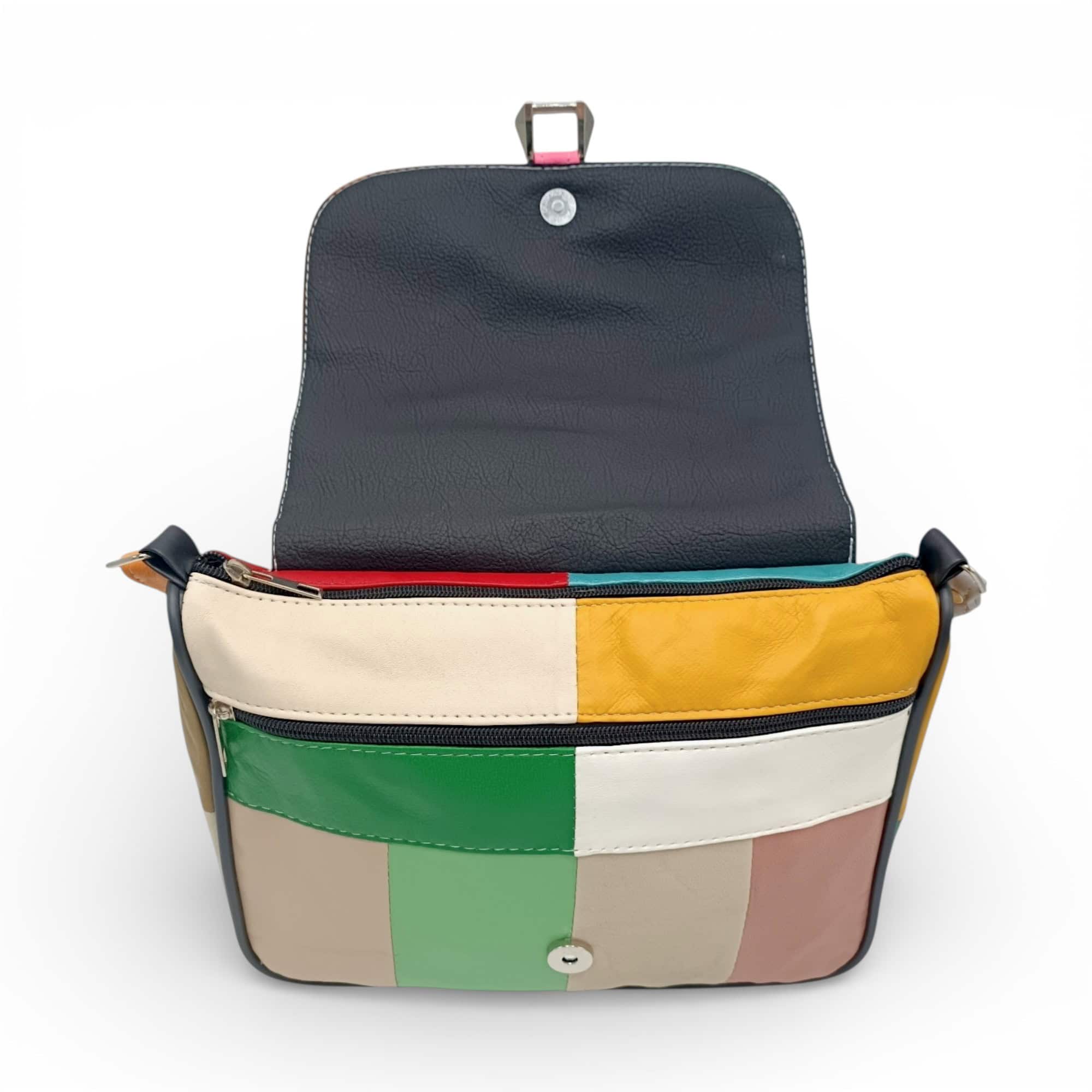 Geantă damă unicat din piele naturală, multicolor, cu design modern și spațiu generos pentru accesor.