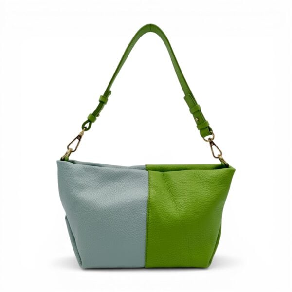 Geantă damă din piele naturală, design modern, culori kiwi și albastru cer, perfectă pentru stilul t.