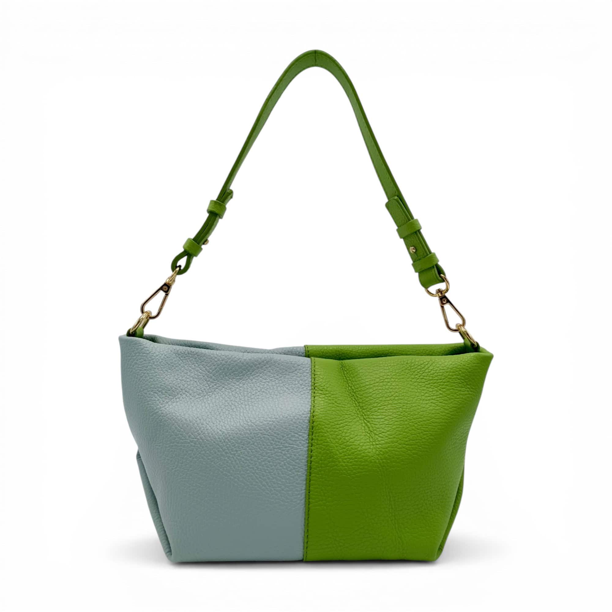 Geantă damă din piele naturală, design modern, culori kiwi și albastru cer, perfectă pentru stilul t.