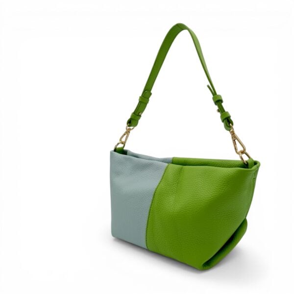 Geantă damă din piele naturală verde și albastru, design modern, Made in Italy.