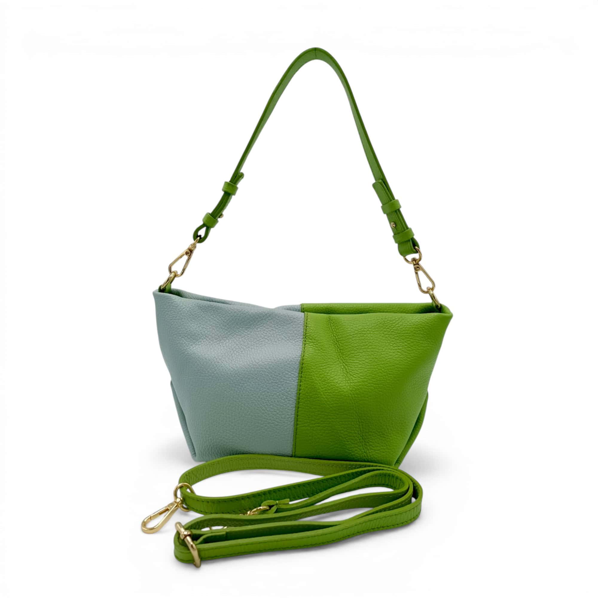 Geantă damă din piele naturală, design modern, culori kiwi și albastru cer, perfectă pentru sezonul.