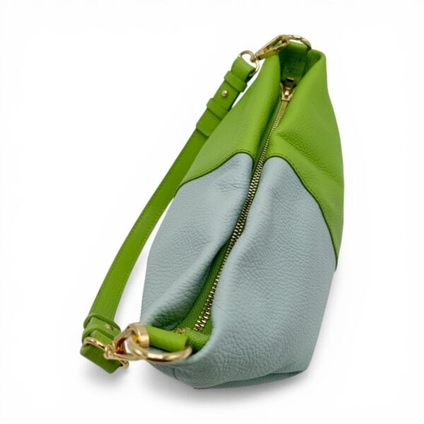 Geantă damă din piele naturală verde și albastru, design modern, Made in Italy.