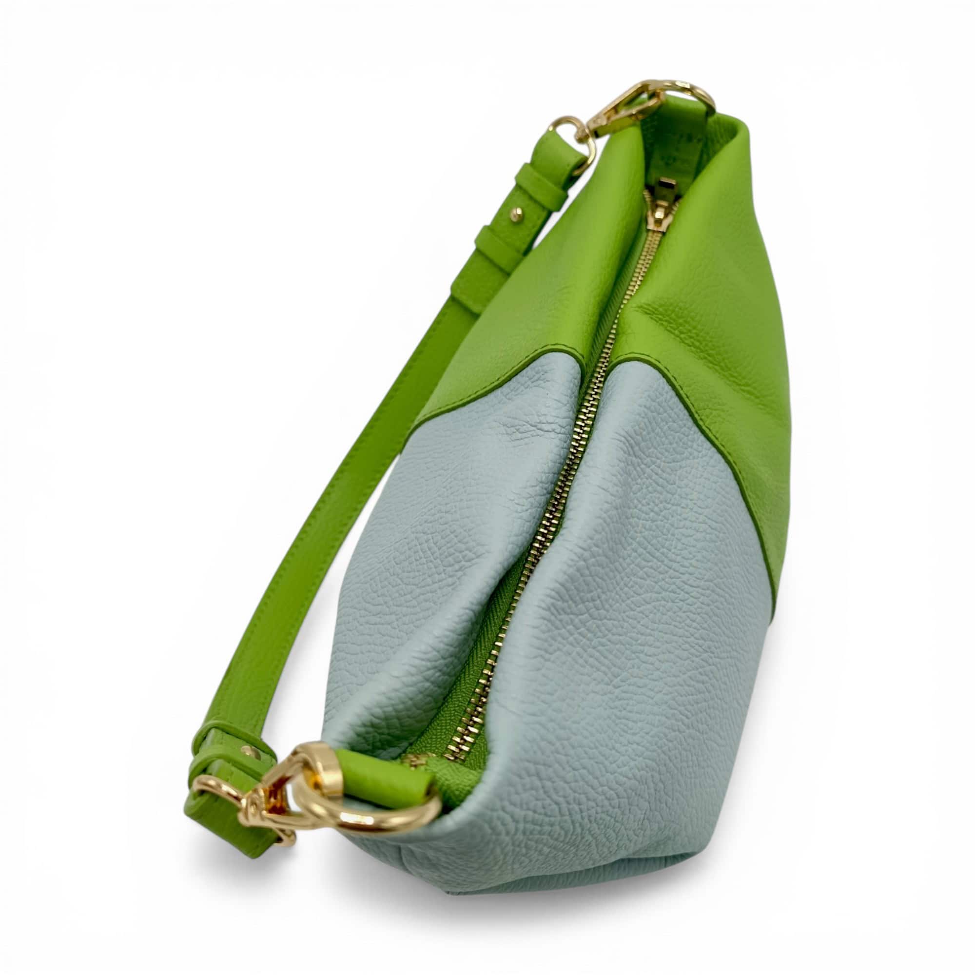 Geantă damă din piele naturală verde și albastru, design modern, Made in Italy.