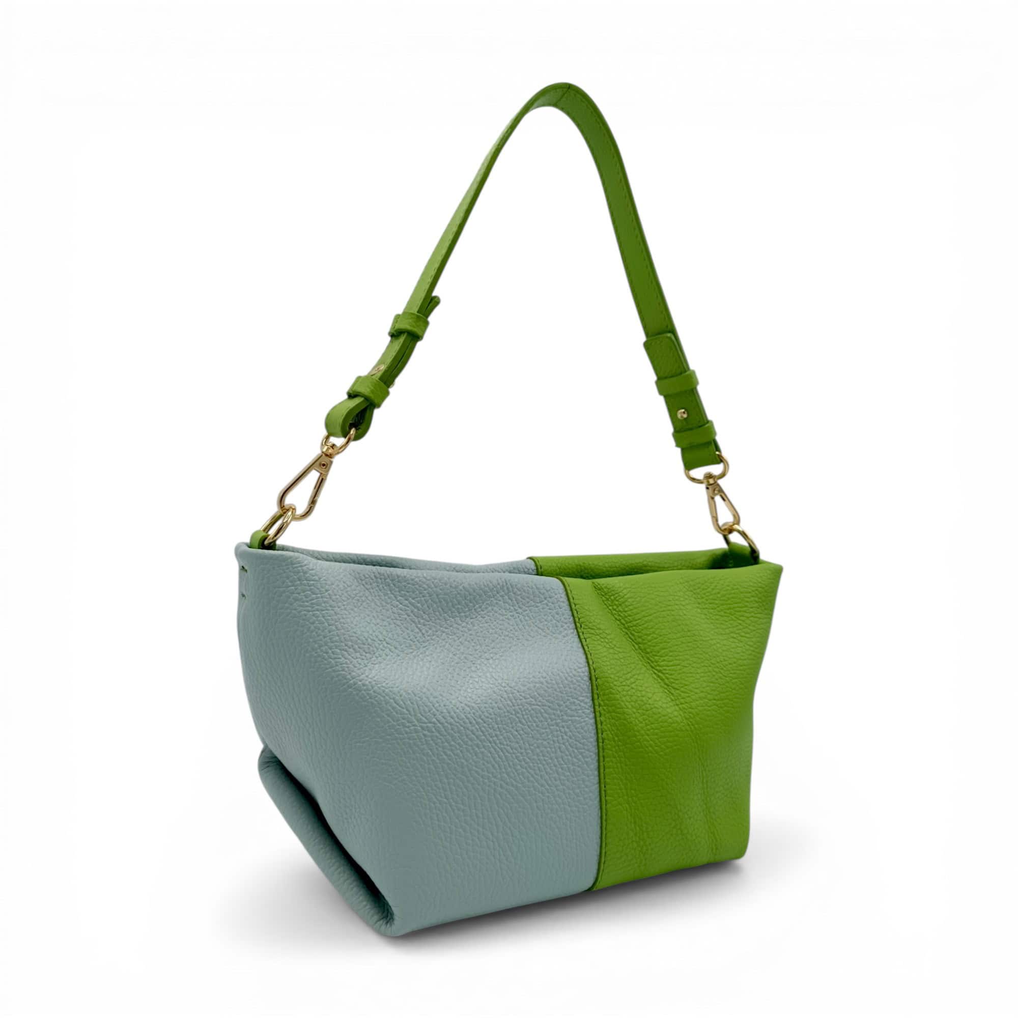 Geantă damă din piele naturală, model modern Belle Monique, în culori kiwi și albastru cer, perfectă.