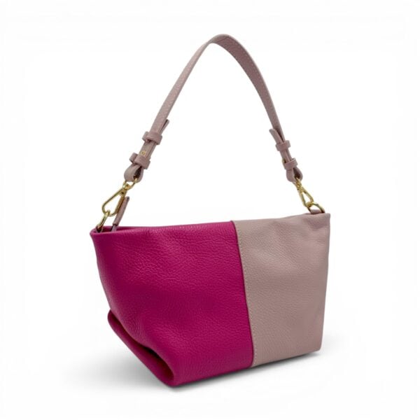 Geantă damă din piele naturală, design modern, culoare roz și fucsia, Made in Italy.