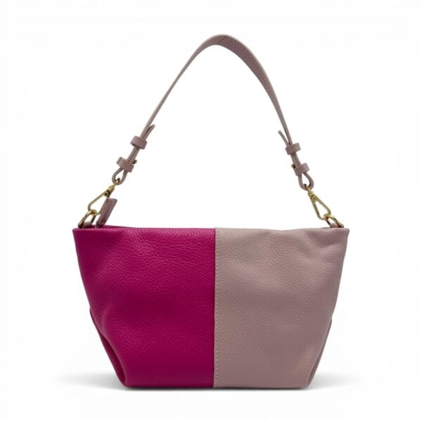 Geantă damă din piele naturală, design modern, culoare roz și fucsia, Made in Italy.