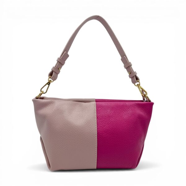 Geantă damă din piele naturală, design modern, culoare roz și fucsia, Made in Italy.