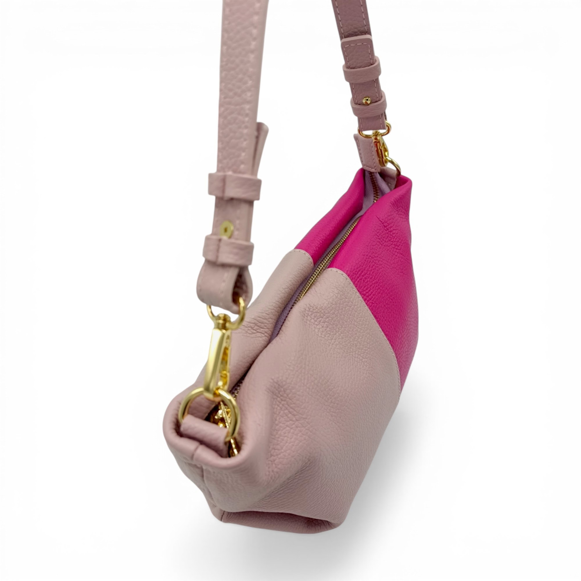 Geantă damă din piele naturală, model modern Belle Monique, în nuanțe de roz și fucsia, fabricată în.