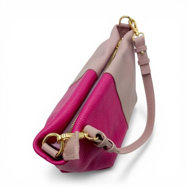 Geantă damă din piele naturală, design modern, culoare roz și fucsia, Made in Italy.