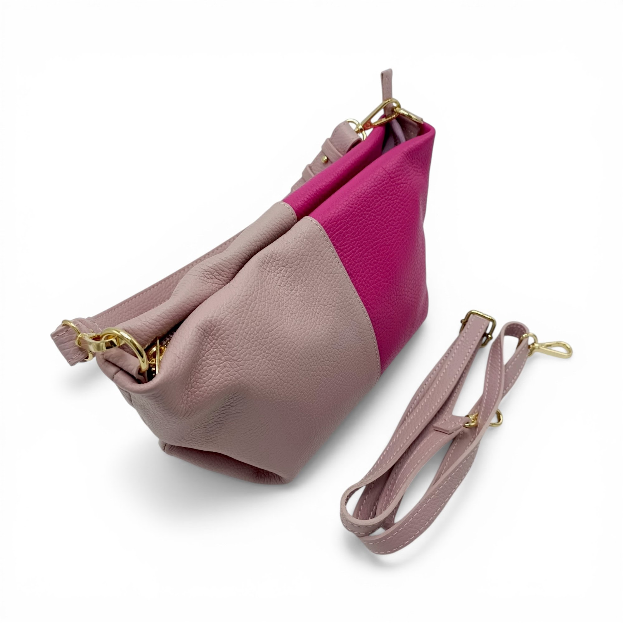Geantă damă din piele naturală, design modern, culoare Pink & Fuchsia, Made in Italy.
