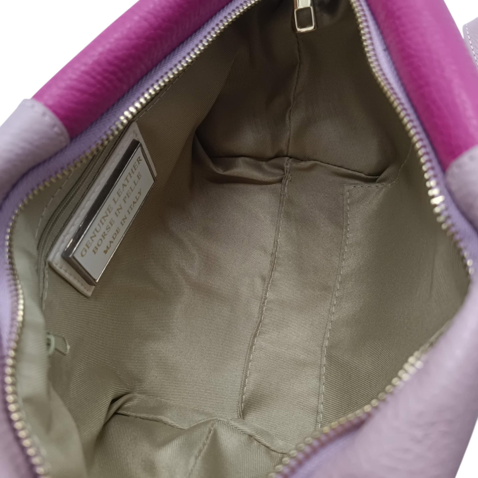 Geantă damă din piele naturală, design modern, culoare roz și fucsia, Made in Italy.