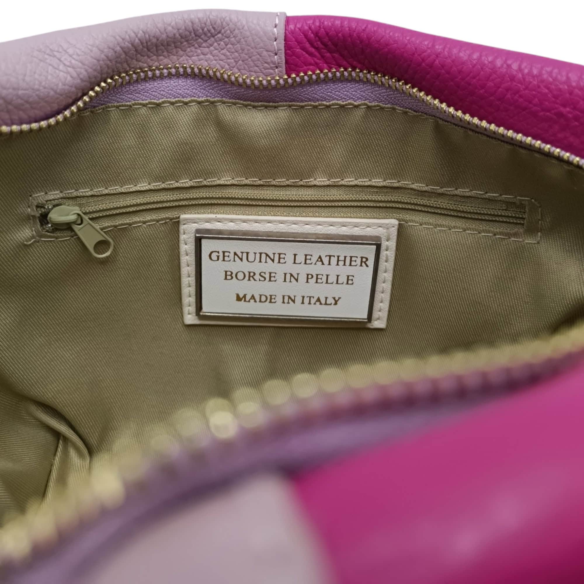 Geantă damă din piele naturală, design modern, culoare roz și fucsia, Made in Italy.