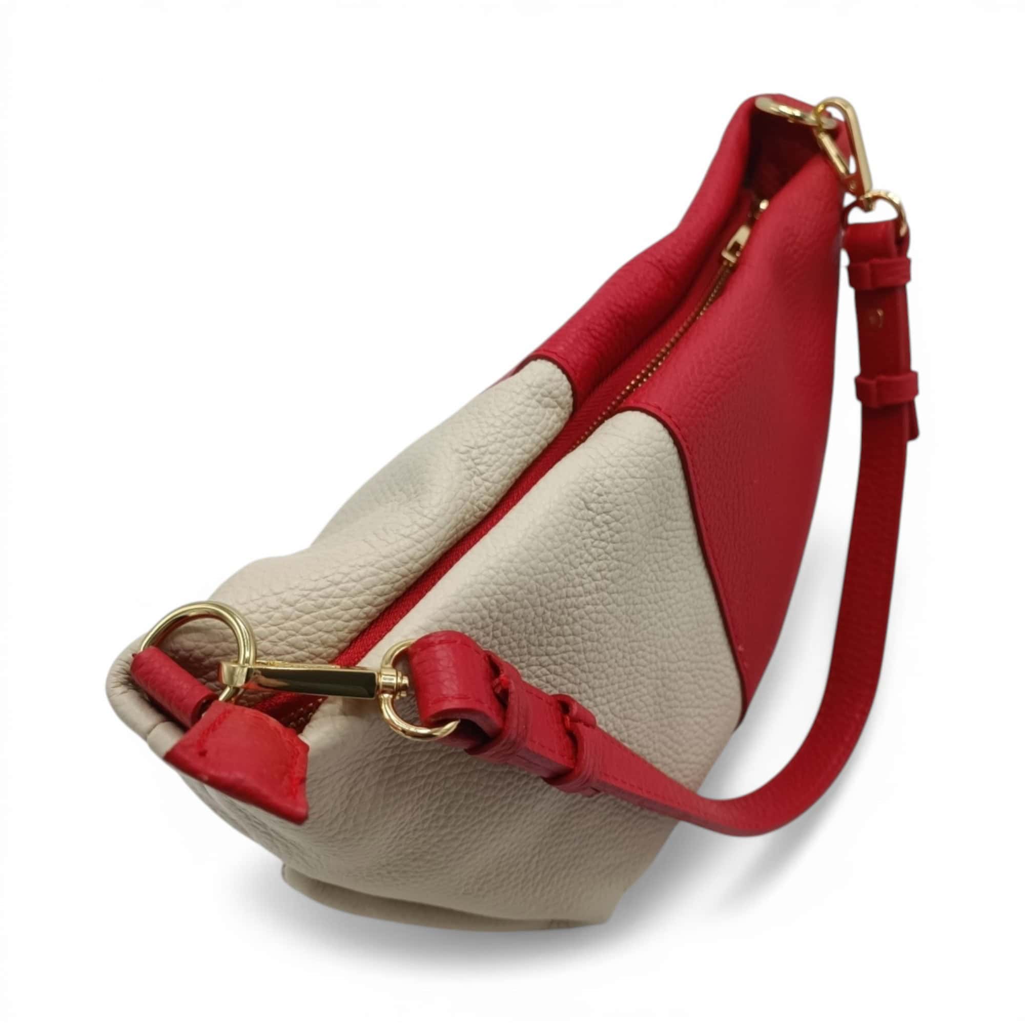 Geantă damă elegantă din piele naturală, design italian, culoare roșu și latte, perfectă pentru sezo.