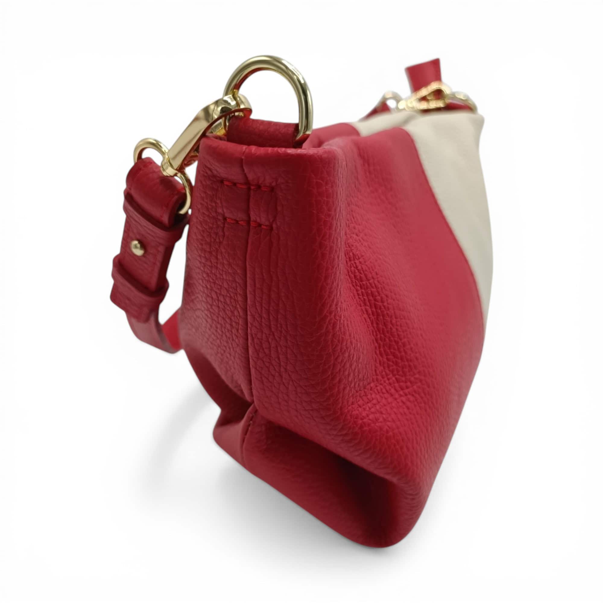 Geantă damă din piele naturală roșie și latte, design elegant, Made in Italy.