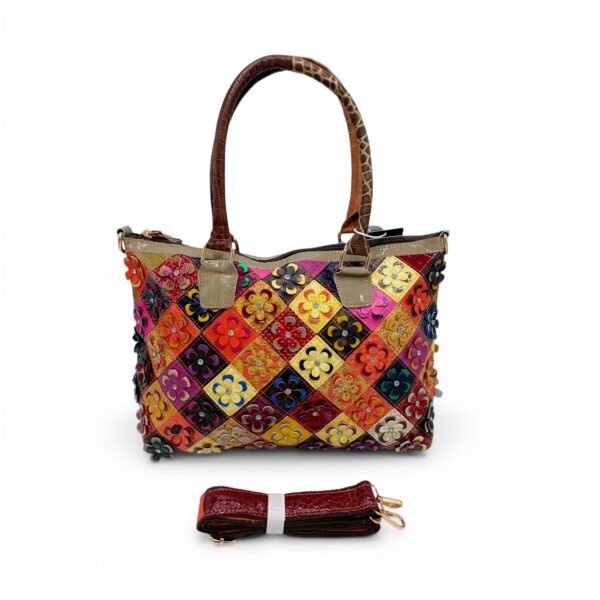 Geantă damă din piele naturală cu design floral vibrant și detalii artistice.