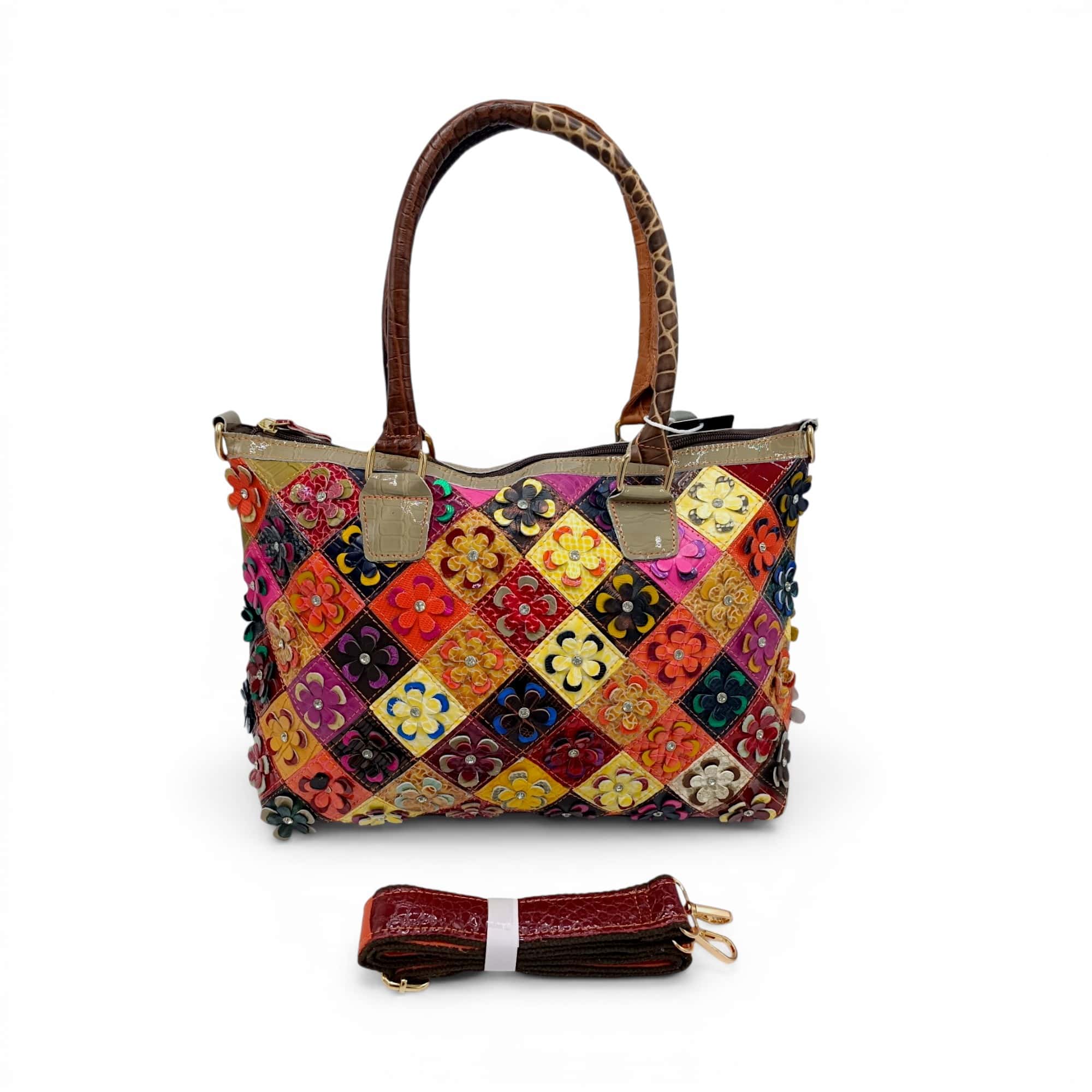 Geantă damă din piele naturală cu design floral vibrant și detalii artistice.