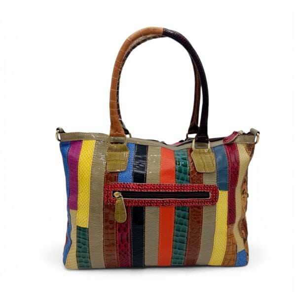 Geantă damă din piele naturală cu design floral vibrant și detalii artistice.