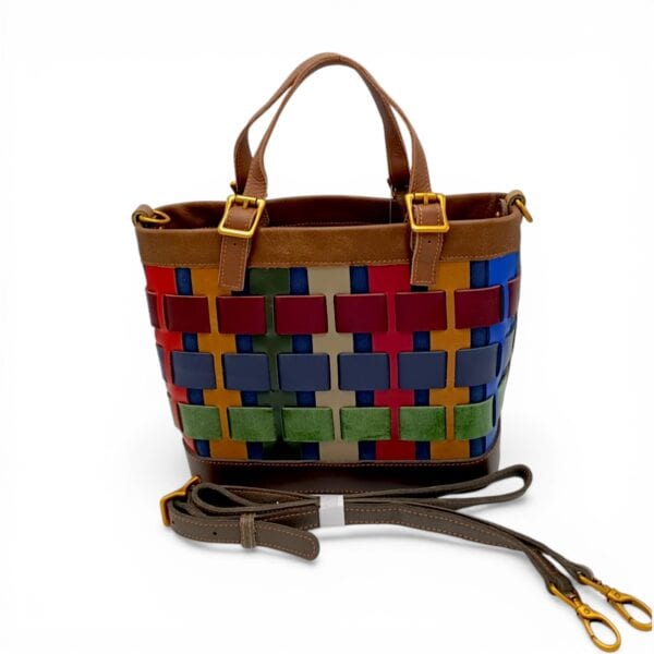 Geantă damă din piele naturală Jasmine Mosaic 6355 – design patchwork multicolor și eleganță practică