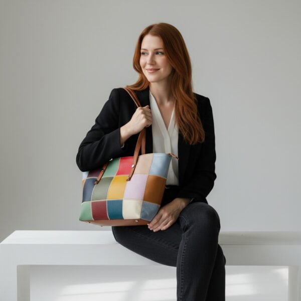 Geantă damă din piele naturală, model patchwork cu accente maro coniac, design modern și elegant.