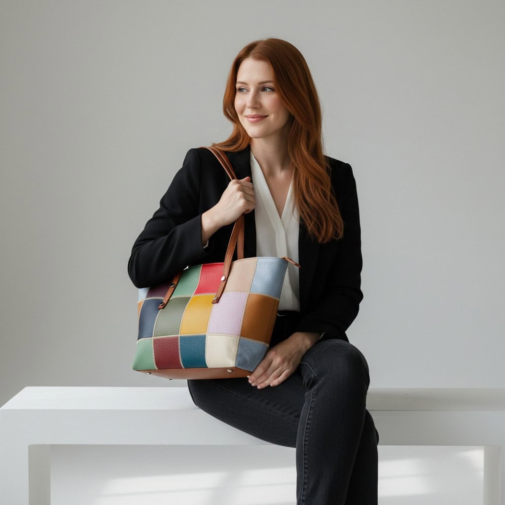 Geantă damă din piele naturală, model patchwork cu accente maro coniac, design modern și elegant.