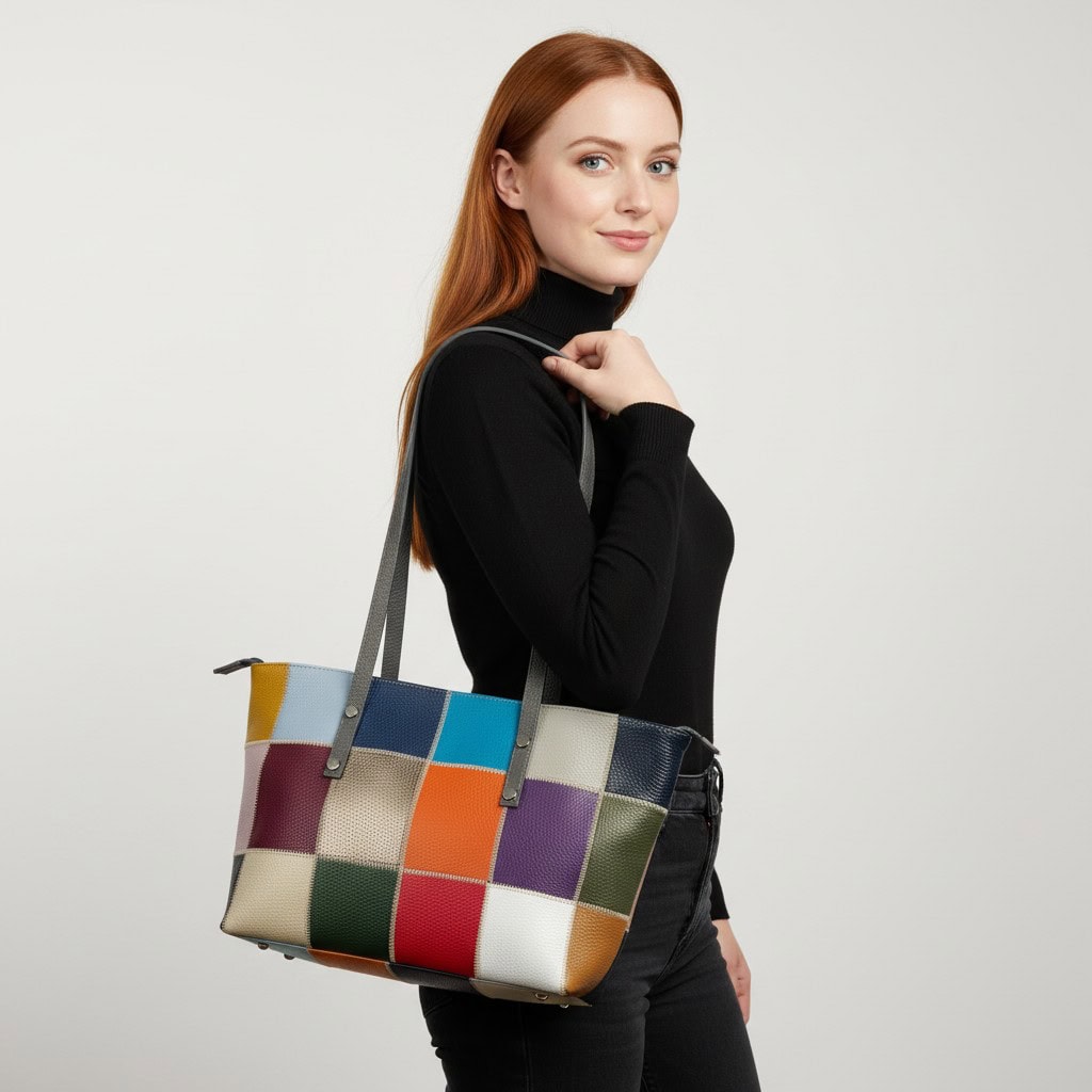 Geantă damă din piele naturală cu design patchwork și accente gri, stil modern și elegant.