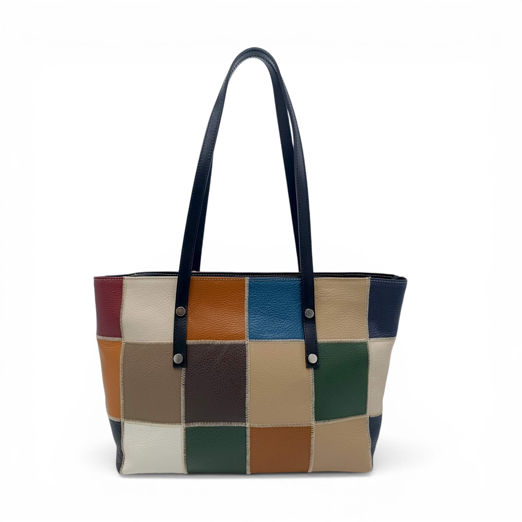 Geantă de mână din piele colorată, model patchwork, perfectă pentru stil casual și elegant.