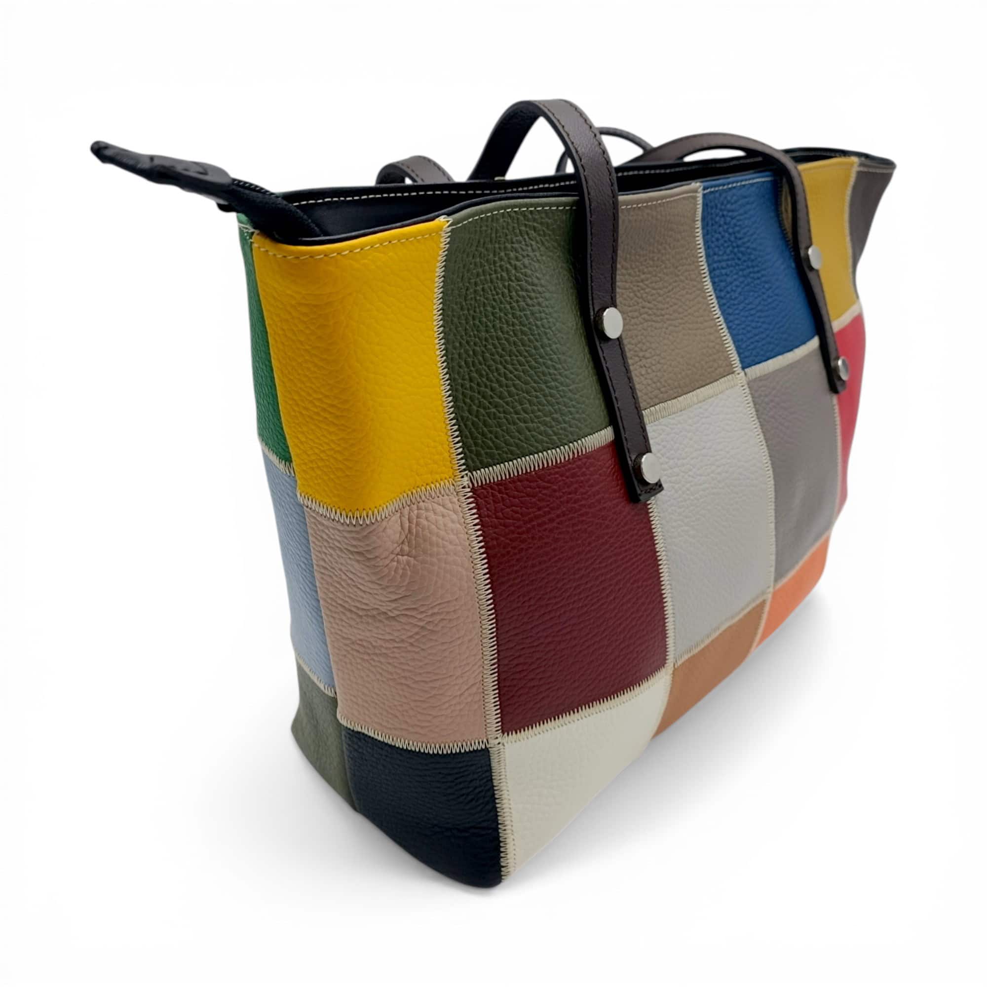 Geantă damă din piele naturală cu design patchwork colorat, stil modern, accente Testa Moro.