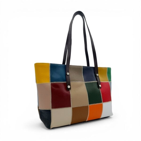 Geantă damă din piele naturală cu design patchwork colorat, model modern Testa Moro.