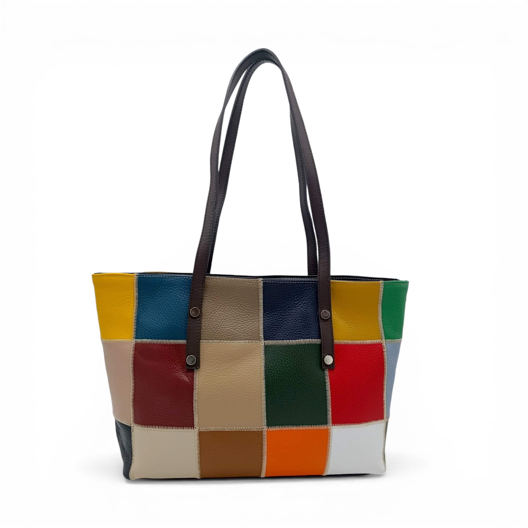 Geantă damă din piele naturală cu design patchwork, culori variate, stil modern, perfectă pentru ori.