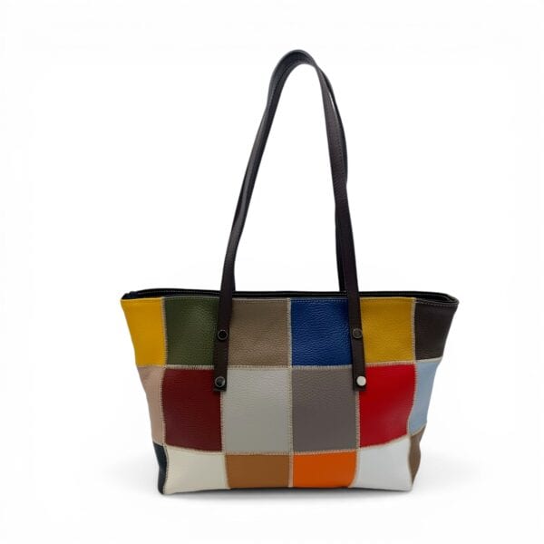 Geantă damă din piele naturală cu design patchwork, accente Testa Moro, stil modern și elegant.