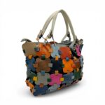 Geantă damă din piele naturală multicoloră, model casual elegant, cu design patchwork vibrant.