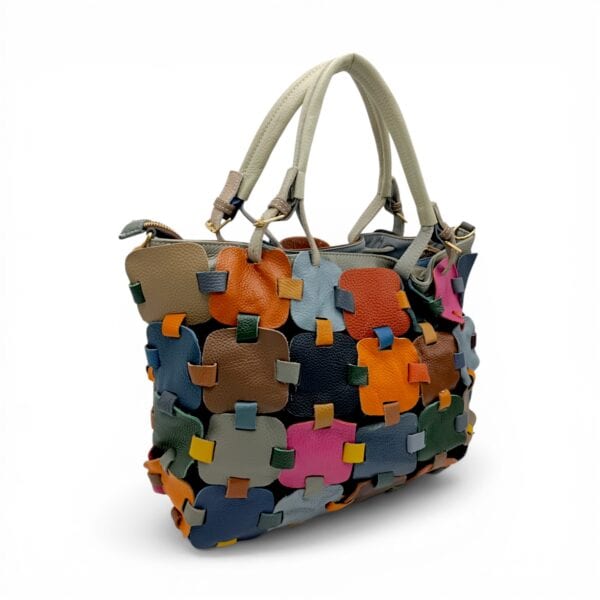 Geantă damă din piele naturală multicoloră, model casual elegant, cu design patchwork vibrant.