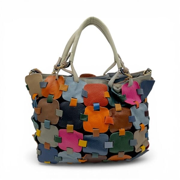 Geantă mare multicoloră piele naturală patchwork, model casual elegant.