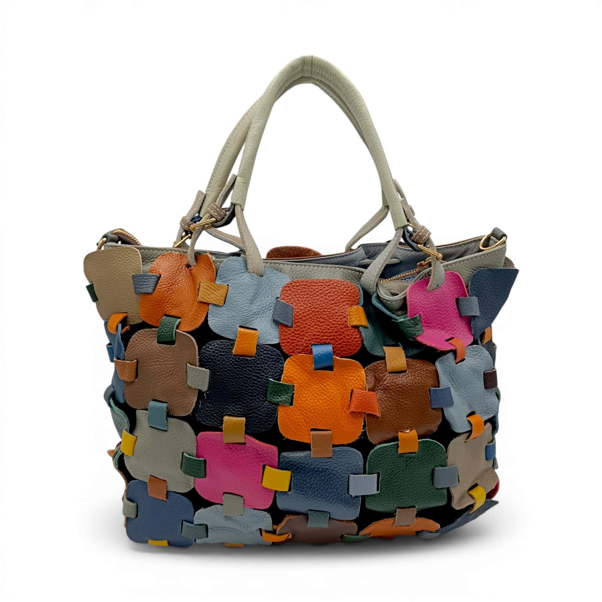 Geantă mare multicoloră piele naturală patchwork, model casual elegant.