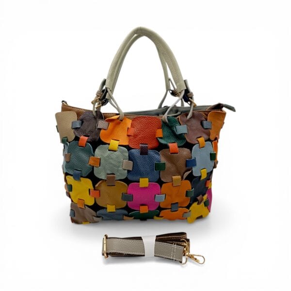 Geantă mare multicoloră din piele naturală, model casual elegant, perfectă pentru orice ocazie.
