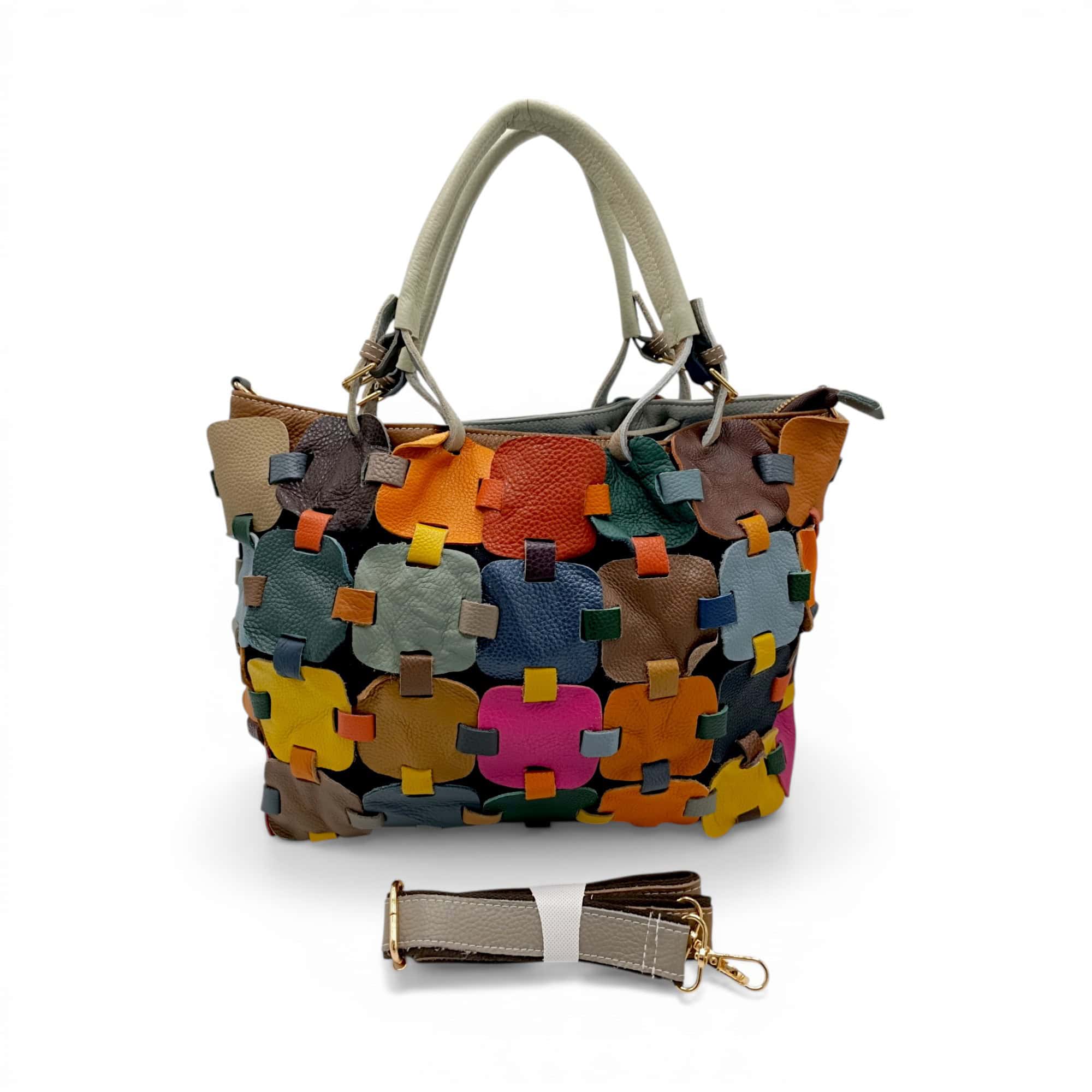 Geantă mare multicoloră din piele naturală, model casual elegant, perfectă pentru orice ocazie.