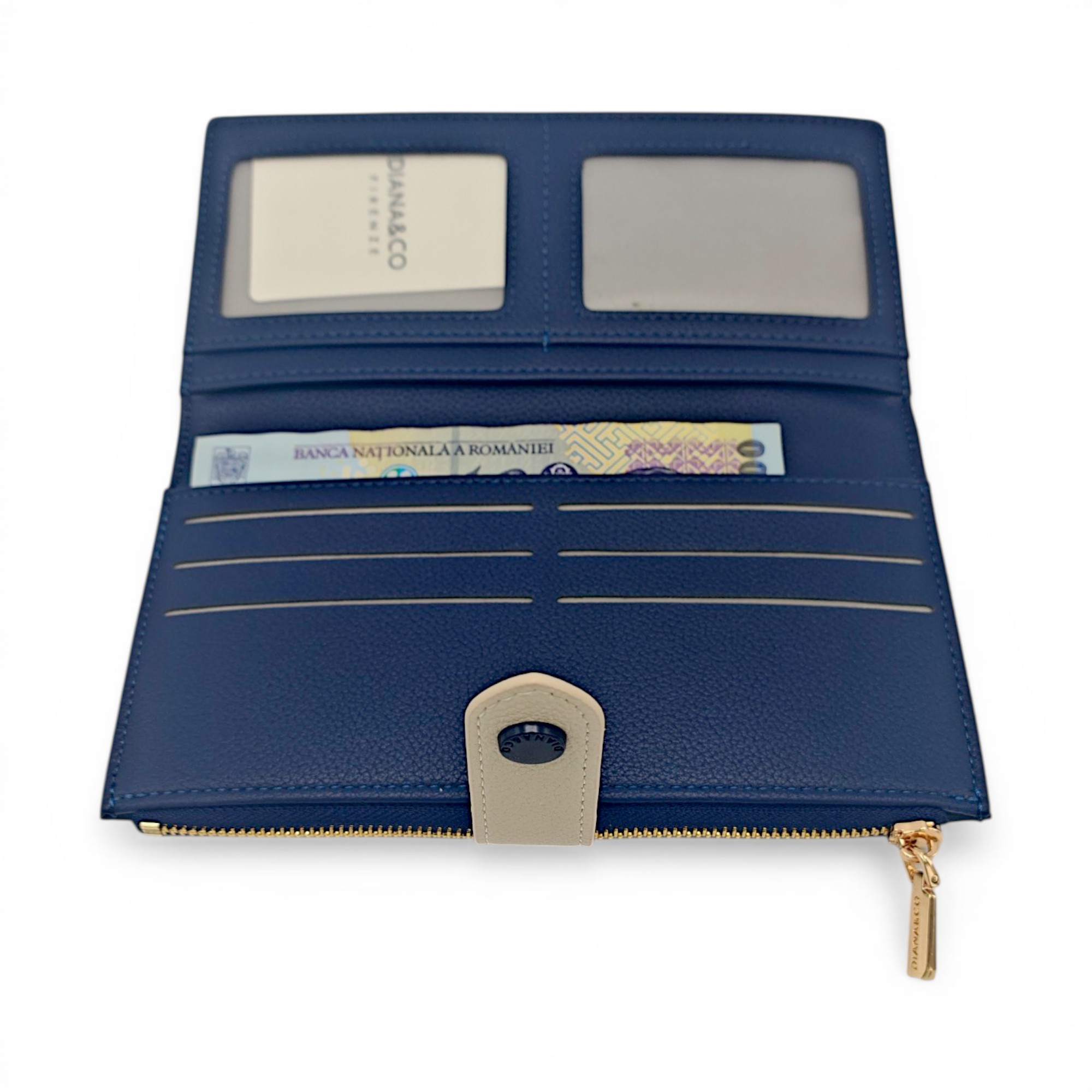 Portofel damă Diana&Co DSF997-3 bleumarin cu detalii bej crem – design elegant și compartimentare practică (3) Portofel damă Diana&Co DSF997-3 bleumarin cu detalii bej crem – design elegant și compartimentare practică
