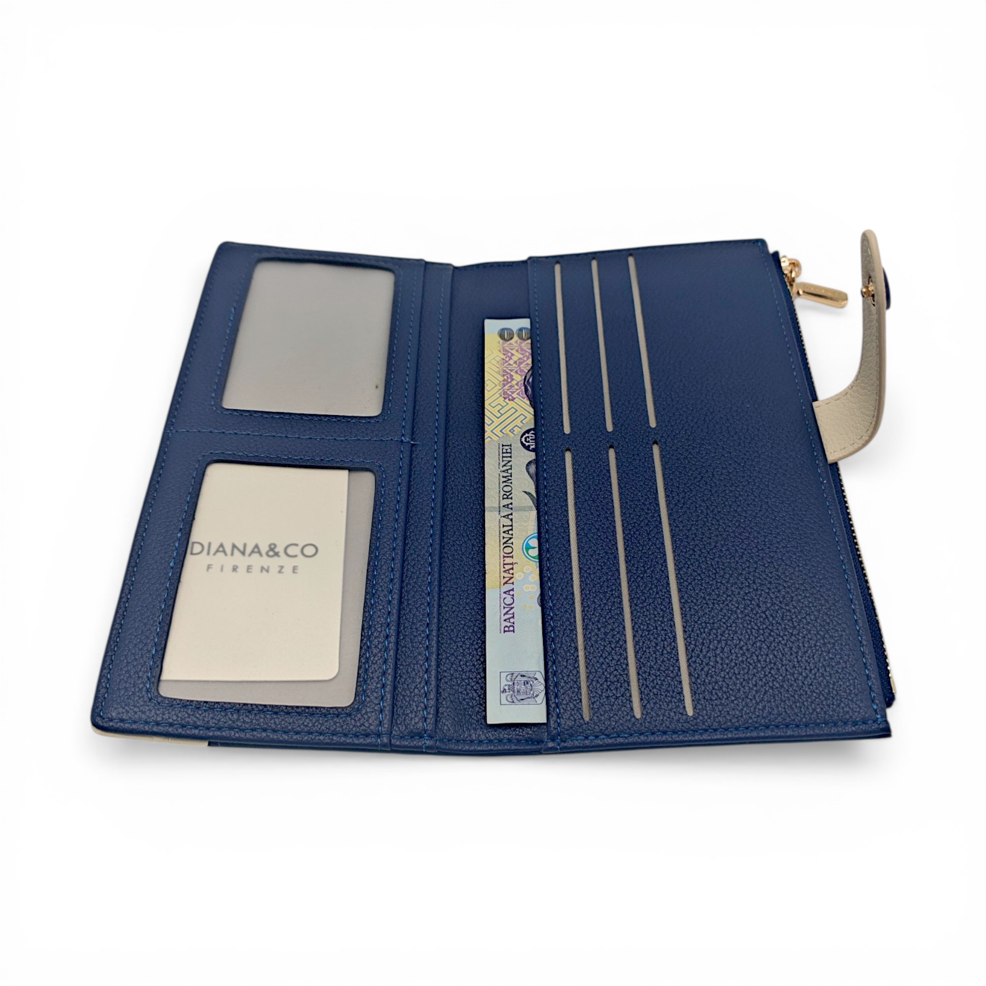 Portofel damă Diana&Co DSF997-3 bleumarin cu detalii bej crem – design elegant și compartimentare practică (4) Portofel damă Diana&Co DSF997-3 bleumarin cu detalii bej crem – design elegant și compartimentare practică
