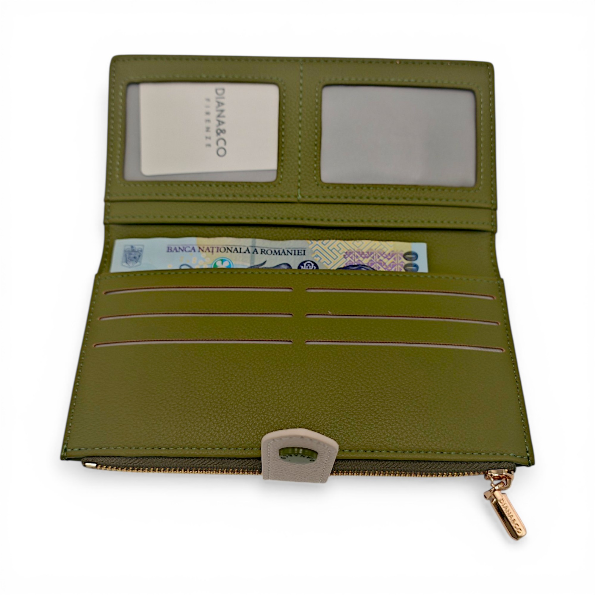 Portofel damă Diana&Co DSF997-3 verde olive cu detalii bej crem – design elegant și compartimentare practică