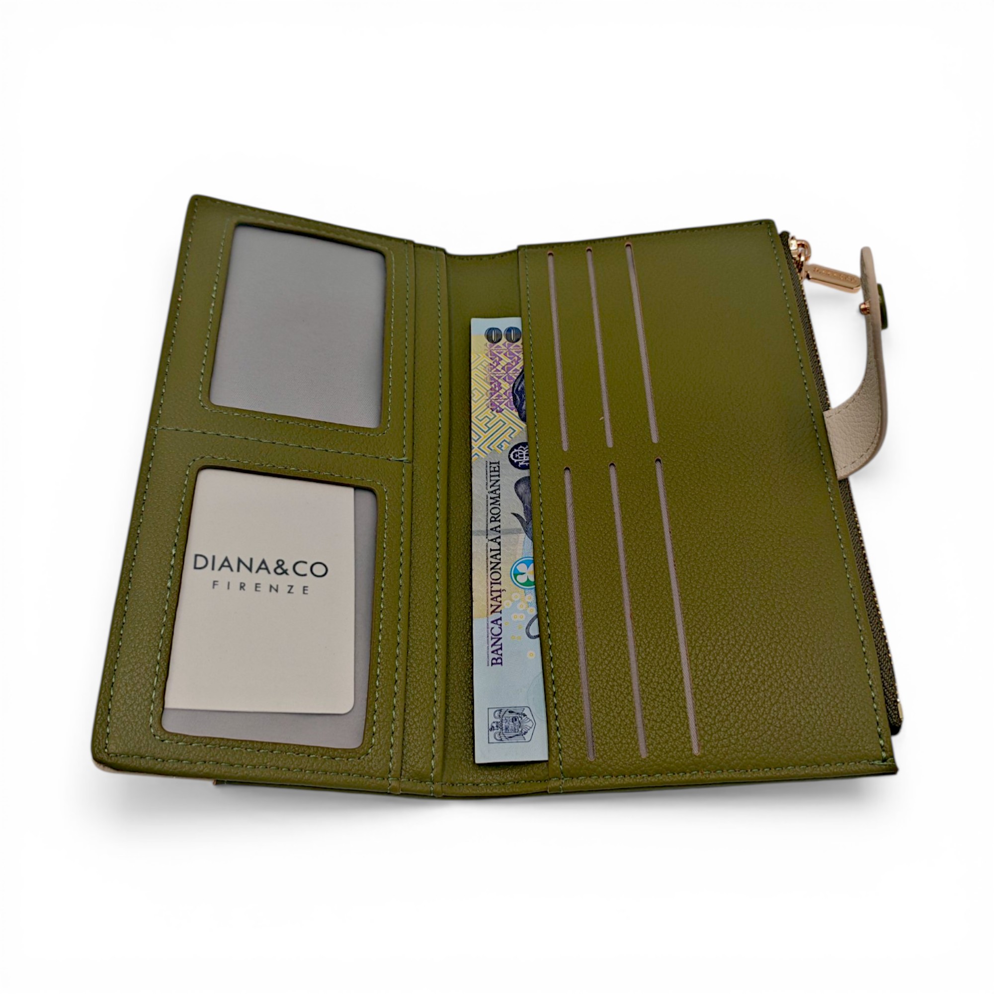 Portofel damă Diana&Co DSF997-3 verde olive cu detalii bej crem – design elegant și compartimentare practică