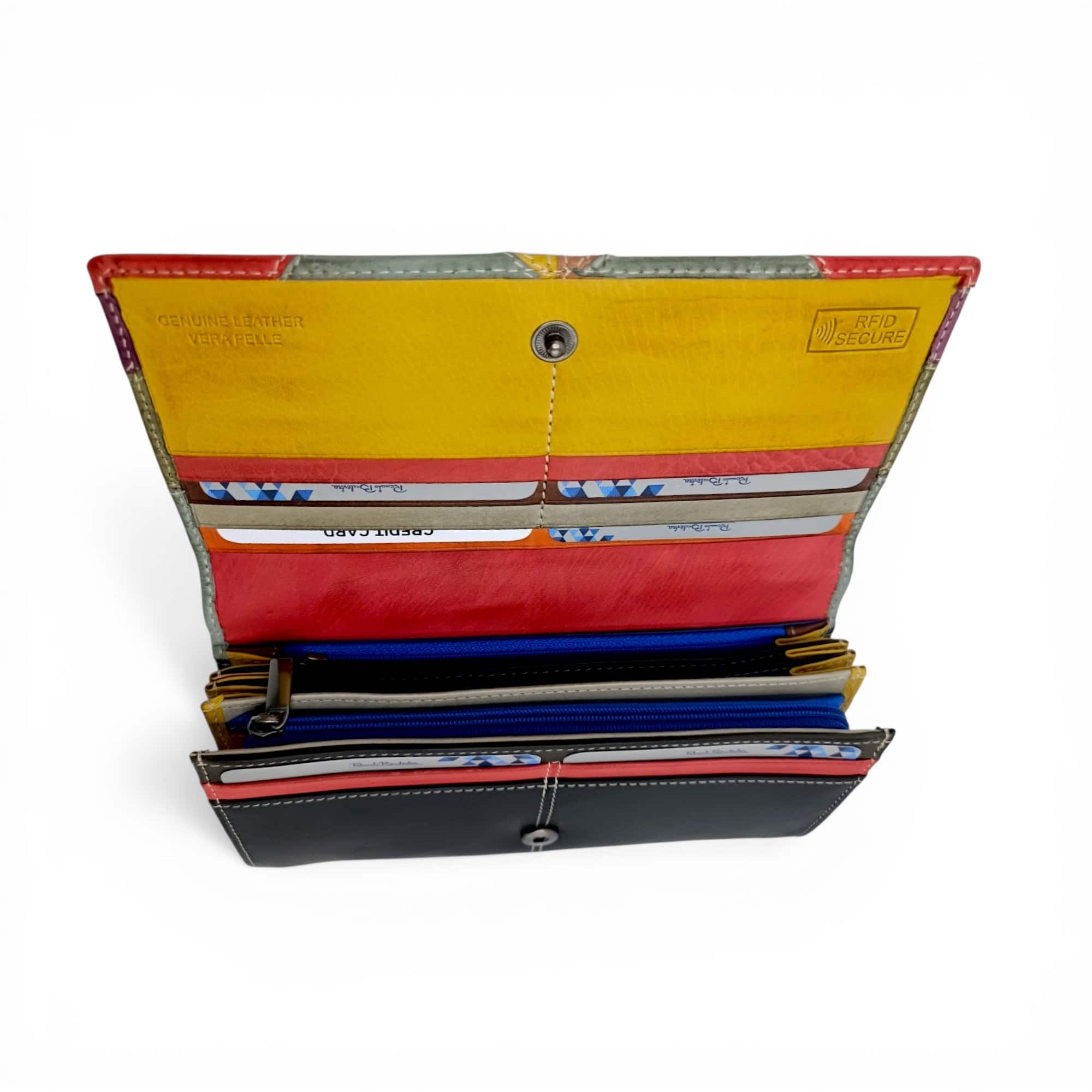 Portofel damă din piele naturală, model elegant și încăpător, cu design patchwork multicolor și func.