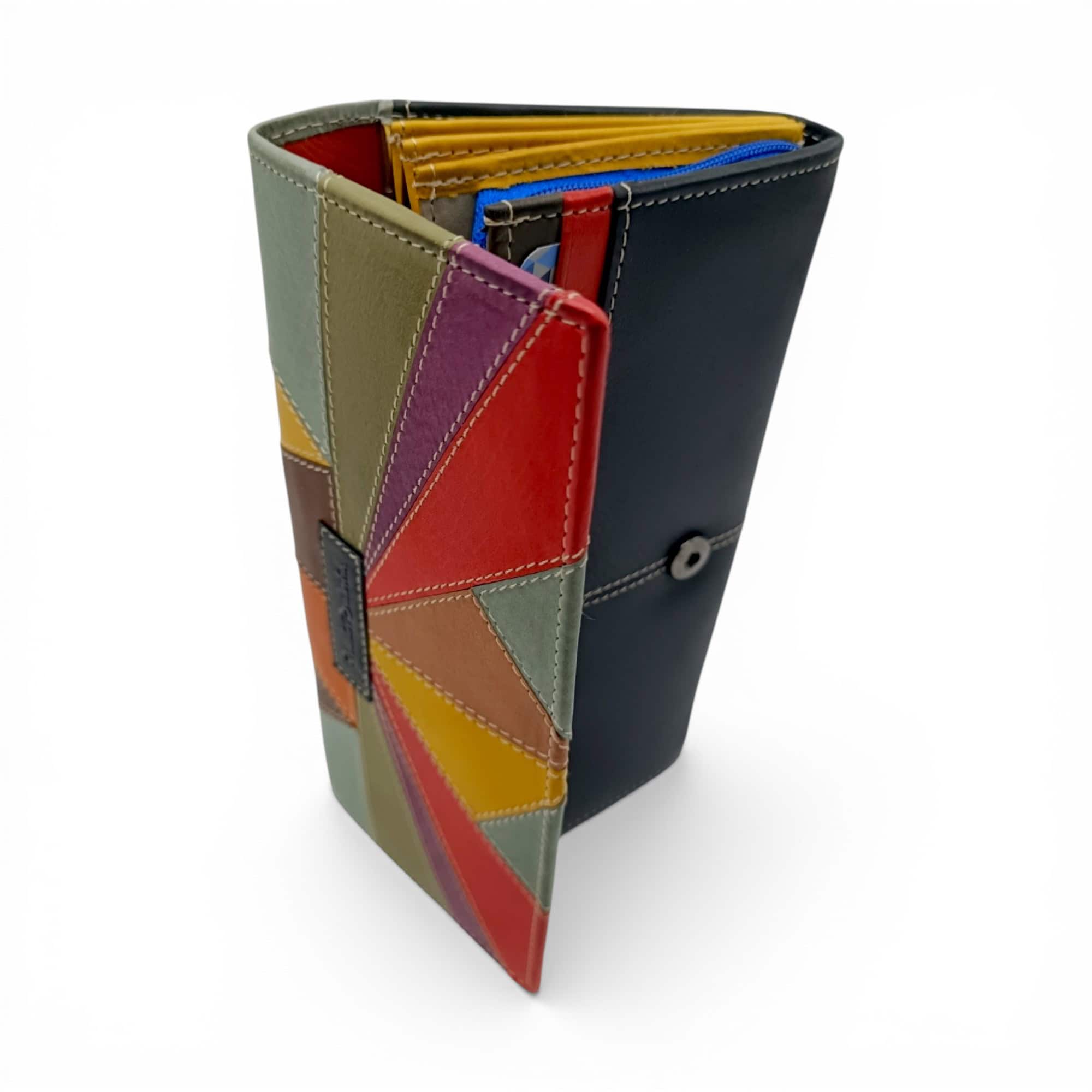 Portofel damă din piele naturală Renato Balestra, model patchwork multicolor, RFID, elegant și spați.