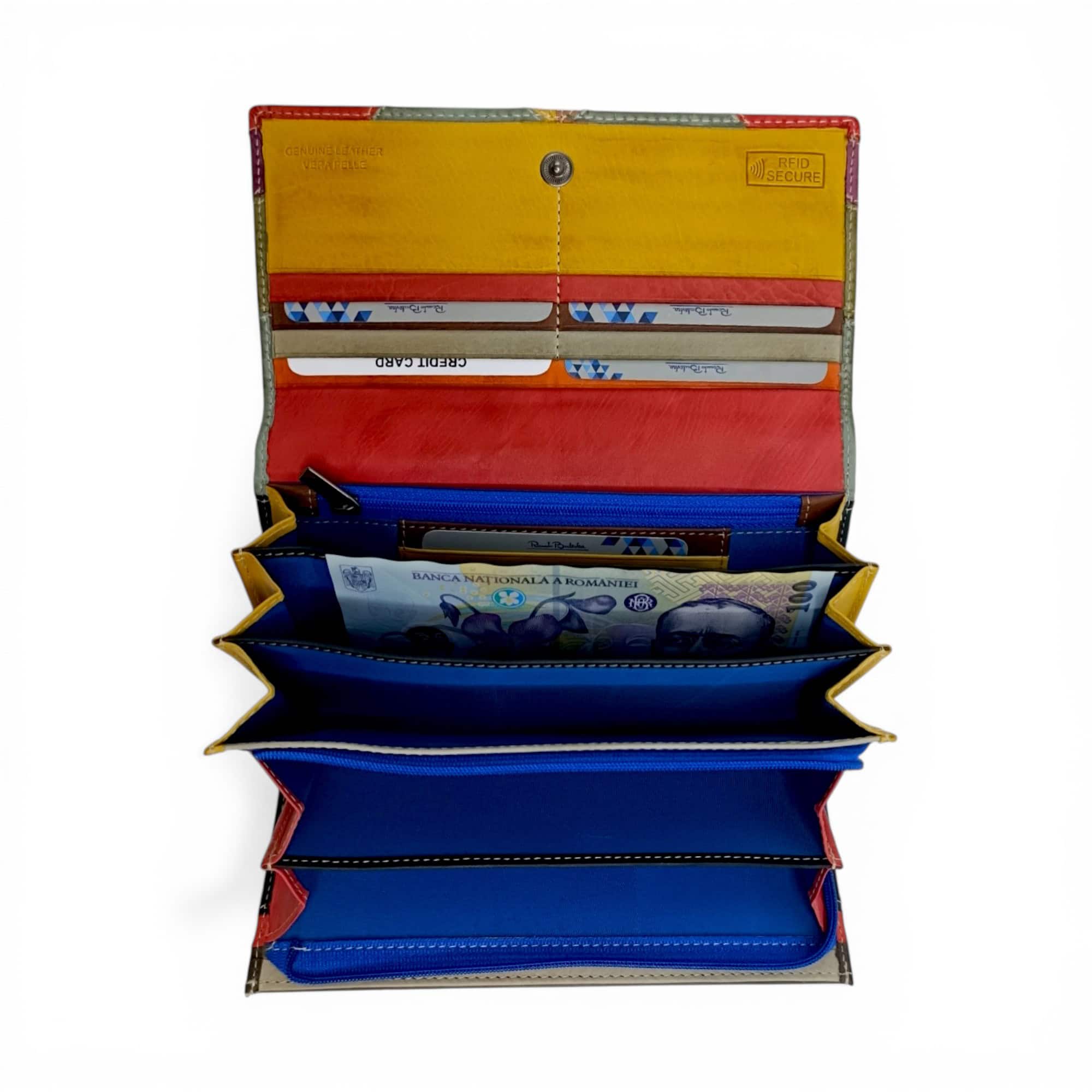 Portofel damă din piele naturală, model elegant și încăpător, cu design patchwork multicolor, RFID ș.
