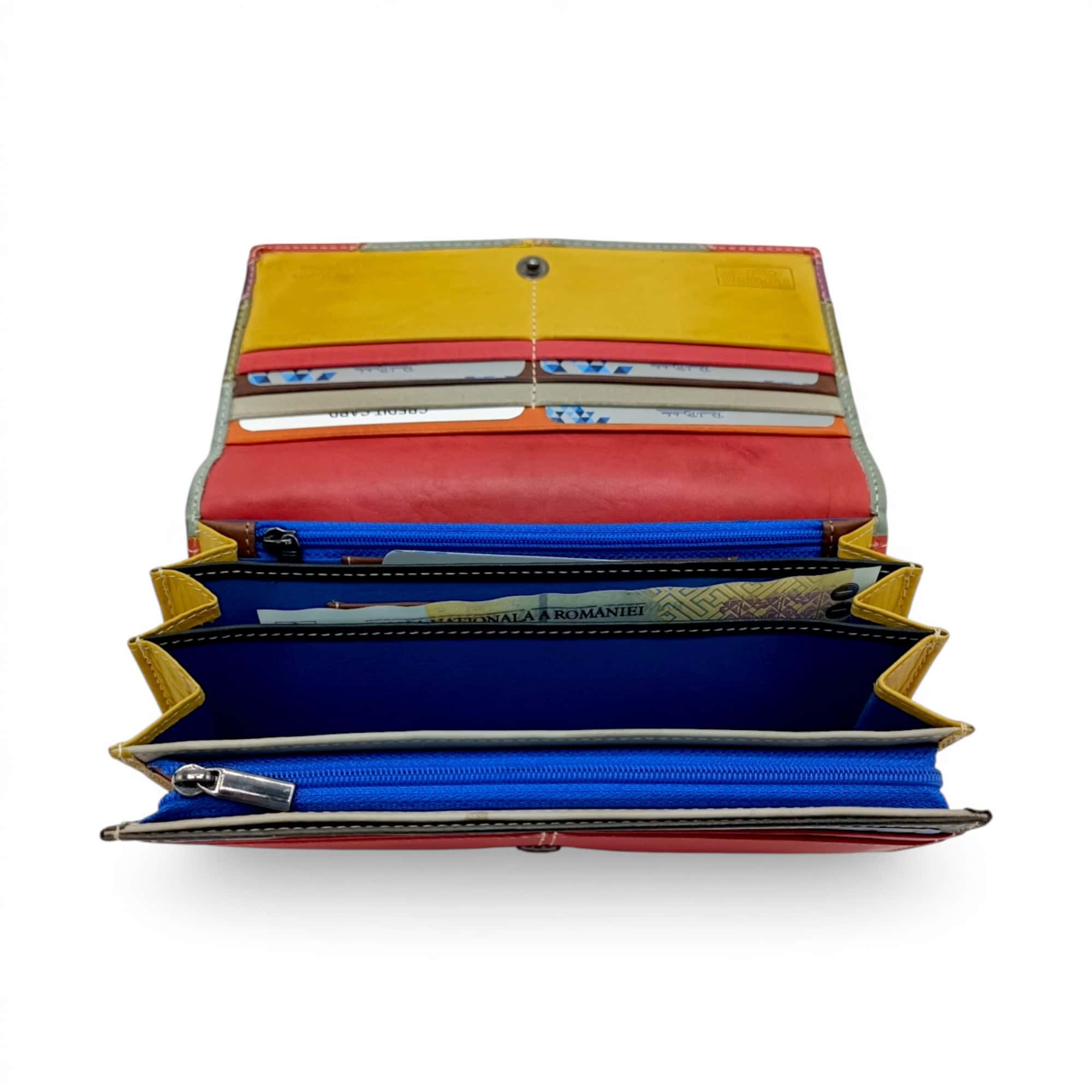 Portofel damă din piele naturală multicolor, cu protecție RFID și design elegant.